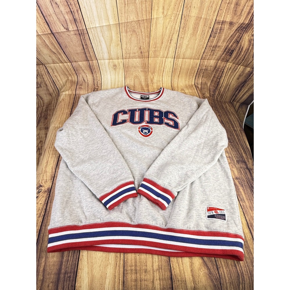 New Era Chicago Cubs Sweatshirt Mens XXL Gray Blue Red Striped Fleece Pullover